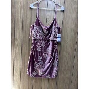 Seni & Cade Mauve Velvet Sequin Floral Mini Dress Cowl Neck XL adjustable strap